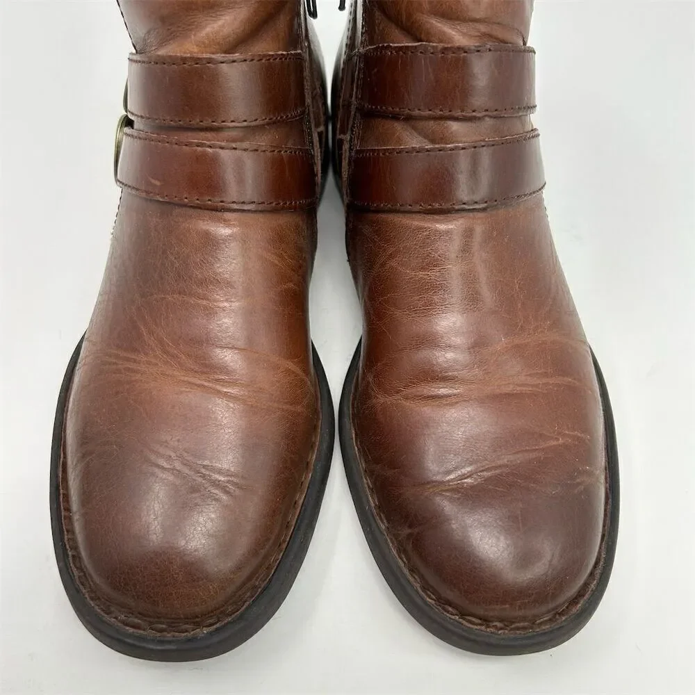 Born Women's Ankle Bootie Brown Leather Size 7.5M Double Buckle Casual
